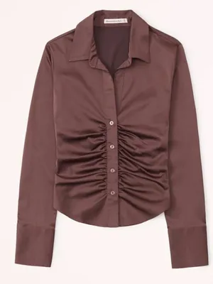 Abercrombie & Fitch Chocolate Brown Ruched Satin ButtonDown Shirt size Small New thumbnail 1