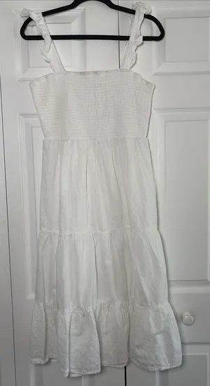 Indulge In Style Eyelet Tiered Midi Dress Womens Size L White Boho Ruffle Cotton thumbnail 1