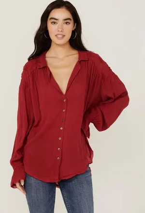 Free People‎ Olivia Long Sleeve Top Womens XS Red Oversized Button Down Festive thumbnail 1