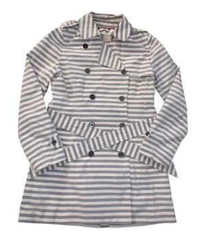 Banana Republic Trench Coat‎ Women S Gray White Stripe Belted Preppy Nautical thumbnail 1