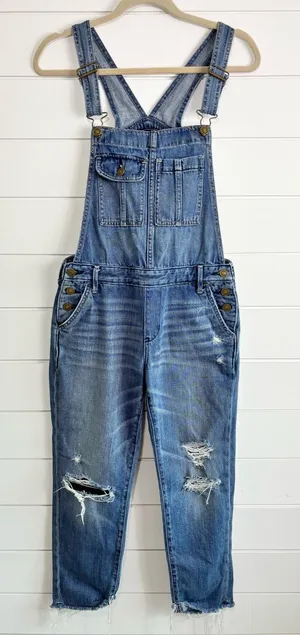 Abercrombie & Fitch Distressed Light Blue Denim Overalls Size XS thumbnail 1
