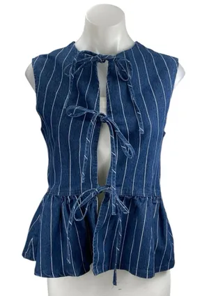 Commense Women's Blue Striped Sleeveless Tie Front Peplum Blouse Tank Top Size S thumbnail 1
