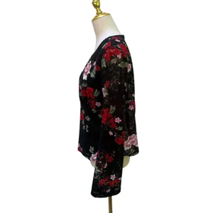 VTG Y2K Fashion Bug Floral Lace Top XL Black‎ Red Bell Sleeve Whimsigoth Vampy thumbnail 3