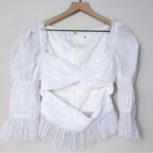 NEW LPA Dolores Top S Ivory Sheer Dot Puff Sleeve Cutout Pleated Peplum Tulle thumbnail 6