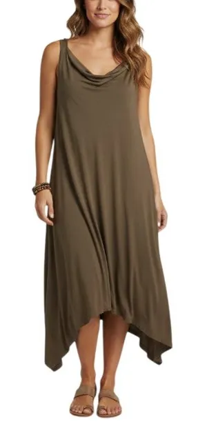 EILEEN FISHER Cowl Neck Jersey Knit Midi Dress Sz L Brown Coastal Relax Made USA thumbnail 1