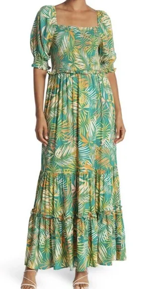 Betsey Johnson Maxi Dress Small Green Palm‎ Leaf Tropical Smocked Puff Sleeve thumbnail 1