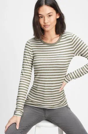 Gap Women's Size XS Long Sleeve Cozy Crewneck T-Shirt Olive Green White Stripes thumbnail 1
