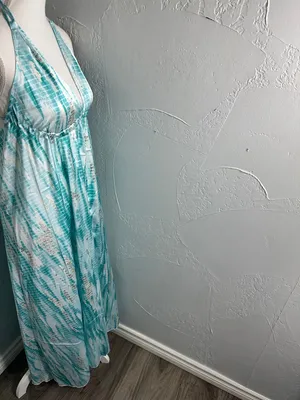 Seafoam Halter Maxi Dress - Flowing Aqua & White Print thumbnail 3