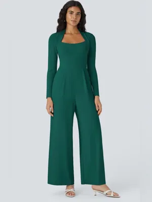 Halara long sleeve wide leg jumpsuit women’s L NWT rain forest green wedding thumbnail 6