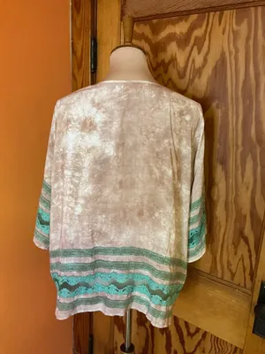 WYLD HEART Boho Tie Dye Kimono Cardigan Taupe Teal Lace Trim Open Front Size L thumbnail 8