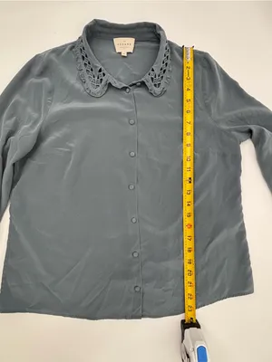 Sézane Dusty Blue Lace-Collar Button-Down Blouse 100% silk size M thumbnail 5