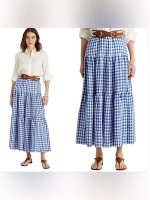 GAP Tiered Maxi Skirt Blue White Gingham Cotton Cottagecore Women’s 8 thumbnail 2