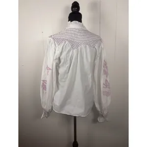 veroalfie‎ embroidered ruggle smocked blouse white Puff Sleeve Anthropologie 2 thumbnail 2