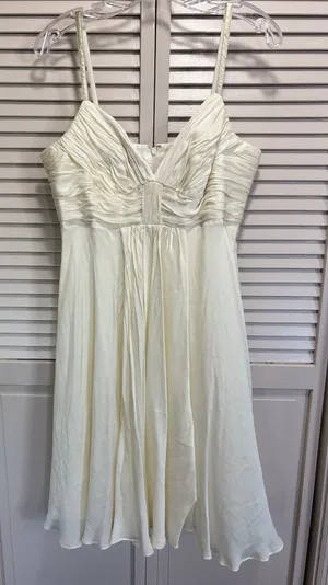 Anne Klein Silk V-Neck Midi Dress Champagne Gathered Zip‎ Flowy Size 12 thumbnail 1