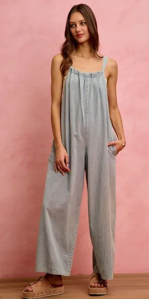 SO ME Wide Leg Lightweight Denim Overalls - Light Denim - Medium thumbnail 1