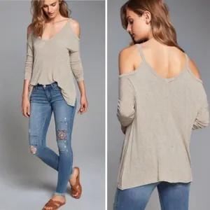 Abercrombie & Fitch Beige Ribbed Knit Cold Shoulder Asymmetrical Hem Blouse Top thumbnail 2
