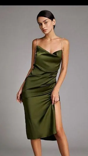 Elegant Olive Green Satin Dress thumbnail 1
