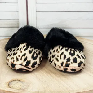 Victorias Secret Leopard Print Faux Fur Trim Satin Slippers‎ Tan Black Medium thumbnail 3