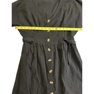 Womens Black Button Front Dress V Neck Tie Waist Short Sleeve Mini Large Classic thumbnail 4