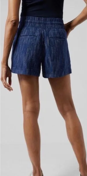 Athleta Cabo 100% Linen Drawstring Textured 4" Shorts Size: 4 Blue thumbnail 1