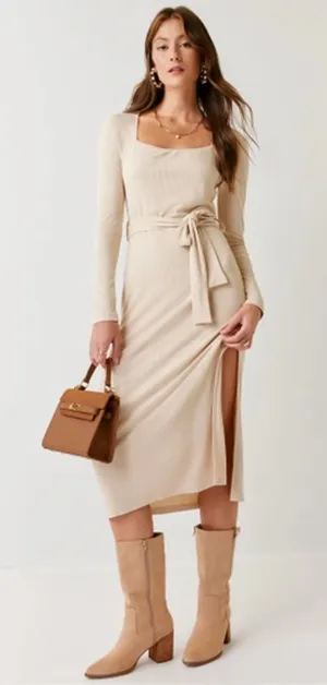 Francesca's Tan Tie Front Ribbed Midi Dress thumbnail 1