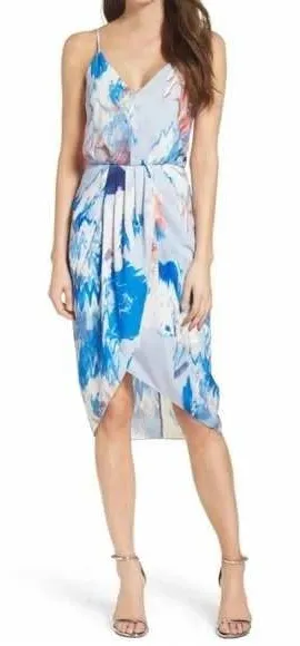 Chelsea28 Midi Dress Abstract Blue Faux Wrap Tulip Skirt 4 Wedding‎ Guest thumbnail 1