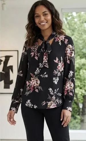 White Hose Black Market Size-L Women Blouse Black Floral Long‎ Sleeve thumbnail 1