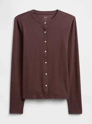 GAP Ribbed Button Up Long Sleeve Top Chocolate Brown Small thumbnail 1