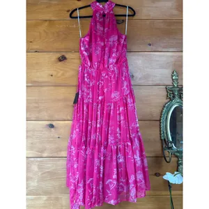 NWT Lulus Float to You Hot Pink Floral Print Halter-Neck Tiered Midi Dress Sz M thumbnail 6