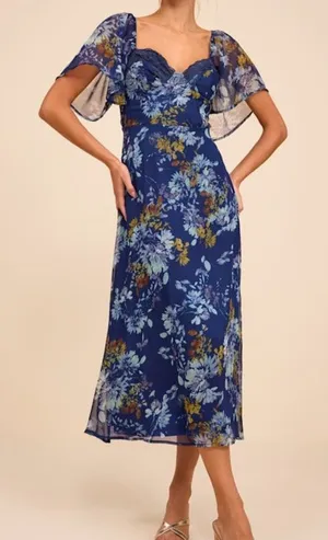 NEW Lulus Valla Navy Blue Sweet Floral Flutter Sleeve A-Line Midi Dress XXL thumbnail 1