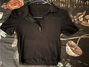 American Eagle Black Ribbed Polo Crop Top thumbnail 1