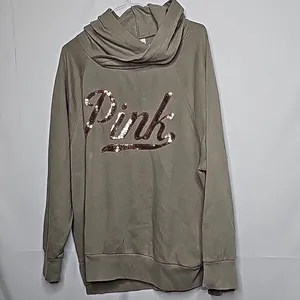 PINK - Victoria's Secret pullover olive green hooded hoodie gold sequin sweatshirt L thumbnail 2