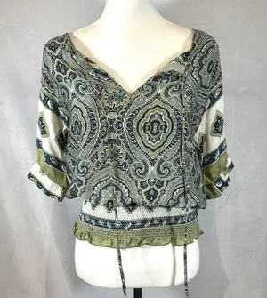 Alexander Vittoria 100% silk sage green boho print smocked top size large thumbnail 1