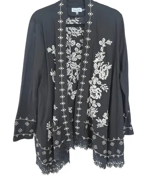 Boho Embroidered Blouse Black Flowy Open Beach Kimono Vacation Career Medium thumbnail 1