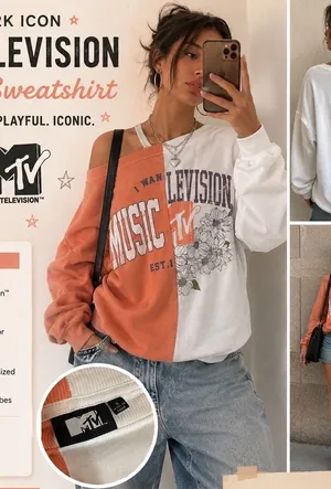 MTV Split Color Graphic Sweatshirt Small Y2K Oversized Crewneck Peach White thumbnail 1
