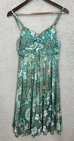Floral Print Dress Green Sleeveless Sundress Summer Casual Party‎ thumbnail 1
