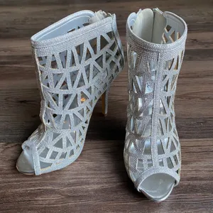 Bonnibel Glitter Cage Peep Toe‎ Stiletto Heel Booties 8 Silver Party Shoes thumbnail 1