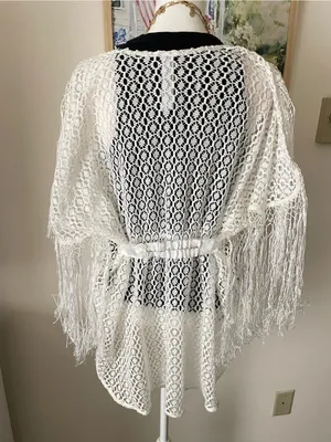 Free People New Romantics Crochet Open Knit Fringe Poncho Boho Blouse Top Large thumbnail 4