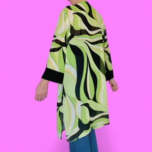 Vintage Green Black Abstract Edgy Art Open Long Sheer Cardigan thumbnail 7