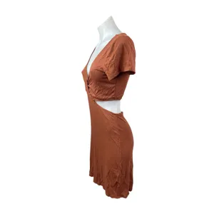 Abercrombie & Fitch Rust Brown Short Sleeve V Neck Rib Knit Cutout Mini Dress M thumbnail 3