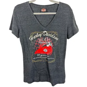 Harley-Davidson 110th Anniversary T-Shirt Womens Charcoal Grey V-Neck 2013 Tee thumbnail 1