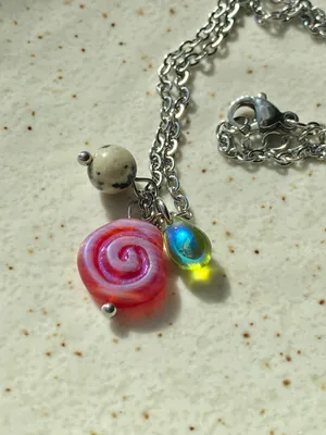 Handmade stainless steel chain & Czech glass mix boho funky necklace 🌀🩷 thumbnail 5