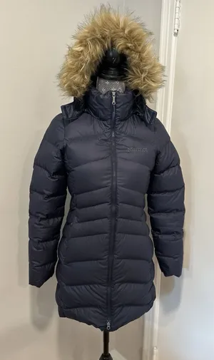 EUC Marmot Sz:XS Navy 700 Down fill Hooded Mid Length Parka Winter Coat Jacket thumbnail 1