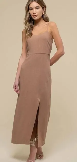 The Workshop Maxi Dress Almond Brown Linen Blend Open Back Minimalist Neutral L thumbnail 1