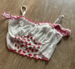 Peasant milkmaid strawberry ruffle open shoulder mesh crop top XS NEW thumbnail 2