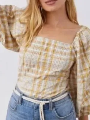 Maeve Anthropologie Plaid Square Neck Blouse Small Mustard NWT Puff Sleeve thumbnail 1