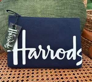 NWT Harrods London Logo Zip Pouch Cosmetic Bag Navy Cream Knightsbridge thumbnail 1