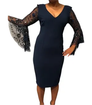 Adrianna Papell Blue Sequin Bat Wing Dress V-Neck Elegant‎ Event Party Womens 6 thumbnail 1