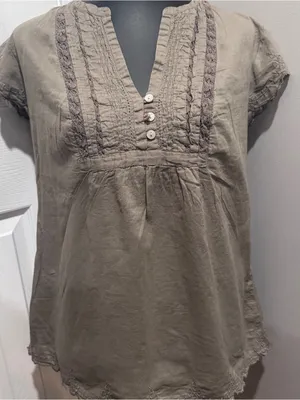 Converse One Star Khaki Cotton Lace Trim Peasant Blouse Top Large Boho Cottage thumbnail 1