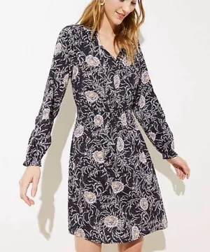 LOFT NWOT Black Purple Floral Ruffle Neck Long Sleeve Elastic Waist Dress‎ Large thumbnail 1